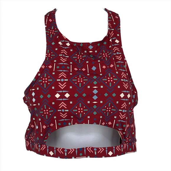 Geometric Cut-Out Bandeau Tankini in Burgundy with Multi Color Pattern Size Med - Picture 1 of 5